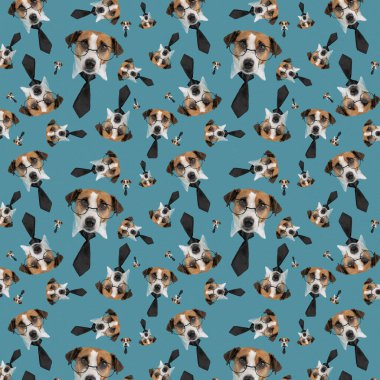 Mavi arka planda gözlüklü ve kravatlı Jack Russell Terrier köpeği ağzı. İzole et. Kusursuz desen.