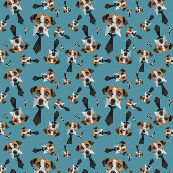 Muzzle of a Jack Russell Terrier dog with glasses and a tie on a blue background. Isolate. Seamless pattern. — Stock Photo, Image