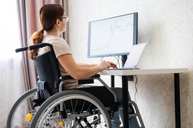 Tekerlekli sandalyedeki beyaz kadın evden bilgisayarla yazı yazıyor. Engelliler için uzak çalışma.