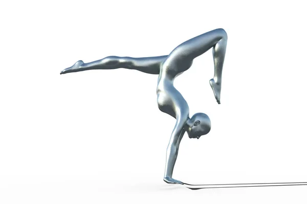 Representación 3D de una gimnasta femenina calva plateada sobre un fondo blanco haciendo un soporte de mano. —  Fotos de Stock