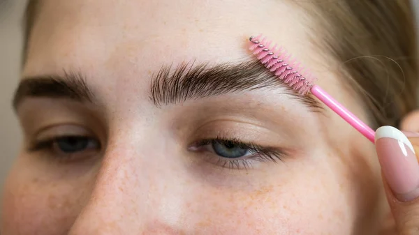 The master combs the eyebrows of the client after lamination of the eyebrows.