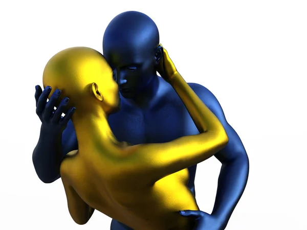 3D render portret van gouden vrouw en blauwe man knuffelen. — Stockfoto