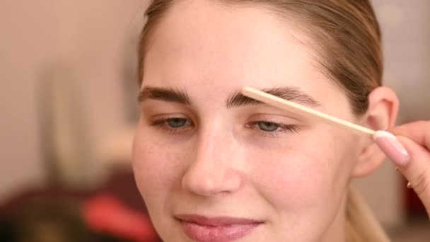 Stylisme permanent des sourcils. Le maître applique la composition pour plastifier les sourcils avec une spatule en bois. — Video