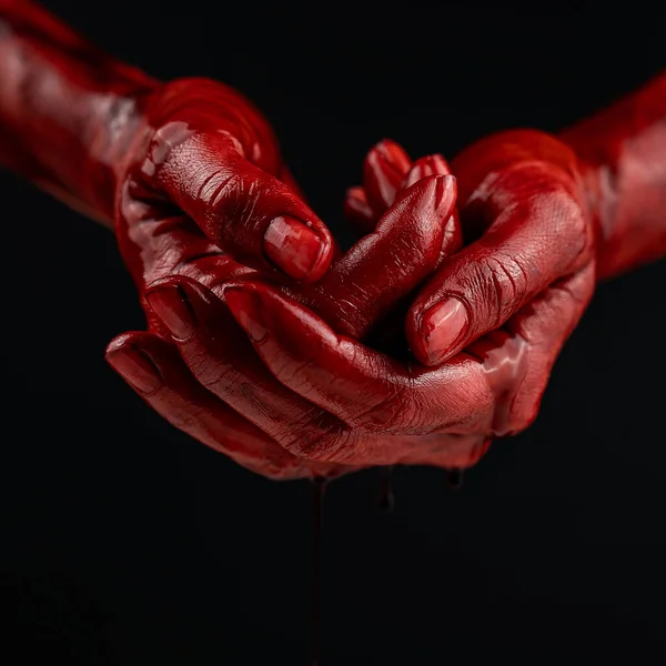 Mujer sosteniendo las palmas manchadas de sangre juntas sobre fondo negro. — Foto de Stock