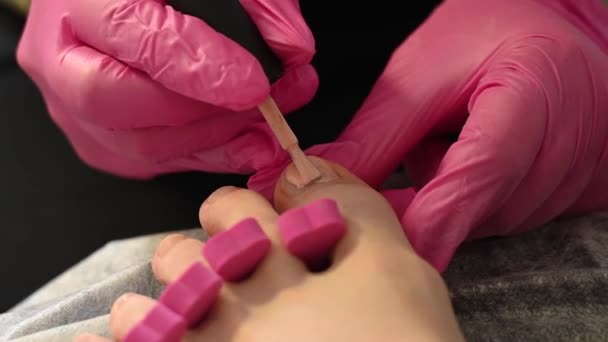 Pedicure master verft met vernis de teennagels van een vrouwelijke klant in een schoonheidssalon. — Stockvideo