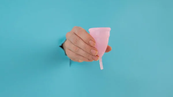 파란색 배경에서 구멍 밖으로 몸을 내밀고 있는 암컷의 손에 분홍색 월경 컵이 들어 있다. — 스톡 사진