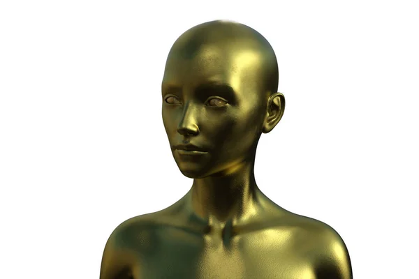 Portrait en 3D d'une femme chauve dorée sur fond blanc. — Photo