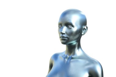 Beyaz arka planda gümüş rengi kel bir kadının 3 boyutlu portresi.