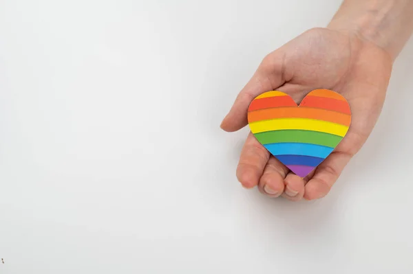 Female Hands Rainbow Paper Heart Isolated White Background Copy Space — Stock Photo, Image