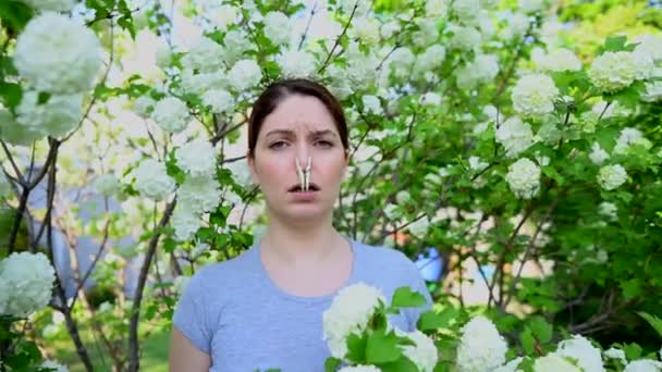 Nieszczęśliwa Kobieta Stoi Szpilką Nosie Przy Kwitnącym Drzewie Alergia — Wideo stockowe