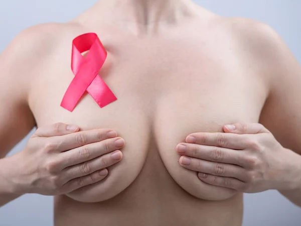 Pink Breast Cancer Awareness Ribbon Chest Naked Woman White Background — Stock Photo, Image