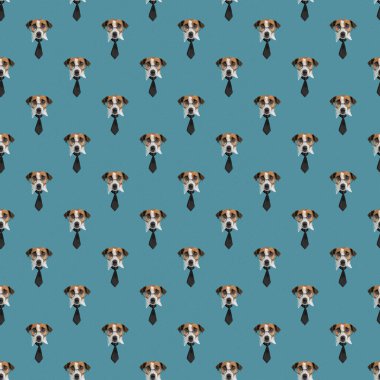 Mavi arka planda gözlüklü ve kravatlı Jack Russell Terrier köpeği ağzı. İzole et. Kusursuz desen