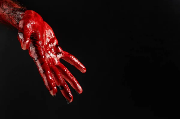 Primer Plano Una Mano Masculina Manchada Sangre Sobre Fondo Negro — Foto de Stock