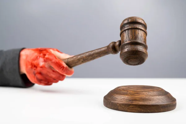 Female Judge Bloody Hands Beats Gavel White Background — Stock Photo, Image