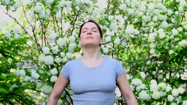 Femme Caucasienne Aime Parfum Des Arbres Fleurs Dans Parc — Video