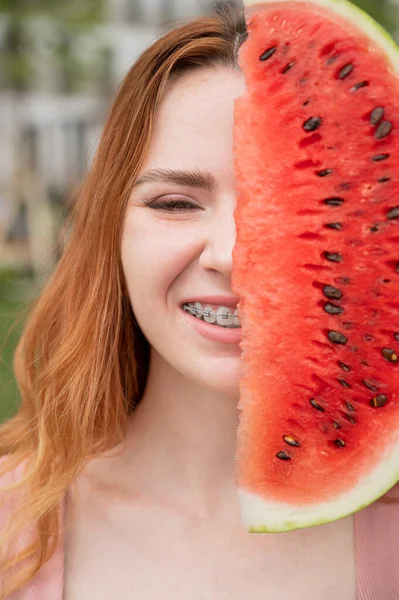 Beautiful Red Haired Woman Smiling Braces Her Teeth Covers Half — Stock Photo, Image