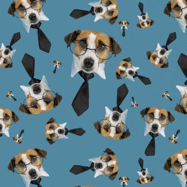 Mavi arka planda gözlüklü ve kravatlı Jack Russell Terrier köpeği ağzı. İzole et. Kusursuz desen