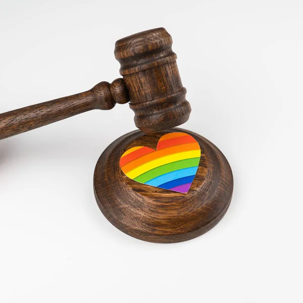 Judge Hits Heart Rainbow Flag Gavel — Stock Photo, Image