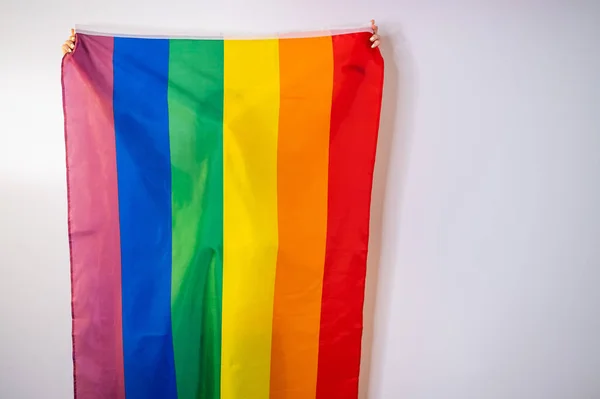 Caucasian Woman Holding Lgbt Flag Covering Herself — Stock Photo, Image