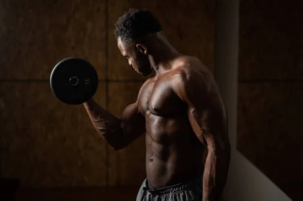 Vonzó Afro Amerikai Férfi Csinál Bicepsz Gyakorlat Súlyzókkal — Stock Fotó