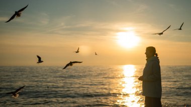 Deniz kenarında gün batımında martıları besleyen beyaz bir kadın.