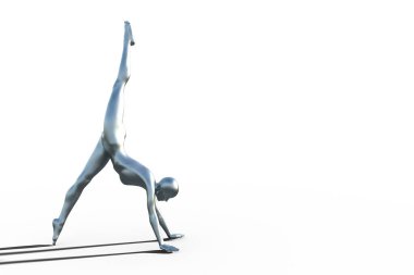 Beyaz arka planda amuda kalkarken gümüş rengi kel bir kadın jimnastikçinin 3 boyutlu görüntüsü.