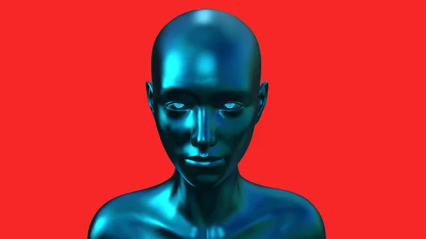 Illustratie Portret Van Een Blauwe Kale Vrouw Een Rode Achtergrond — Stockfoto
