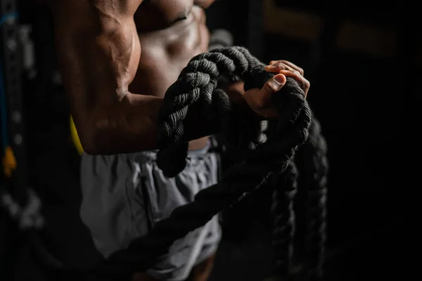 Muscular African American Man Posing Rope Gym — Stock Photo, Image