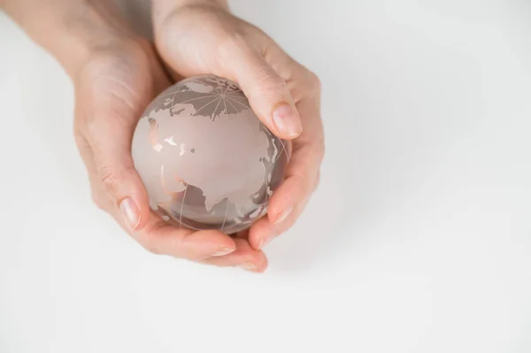 Crystal Globe Female Hands White Background — Stock Photo, Image