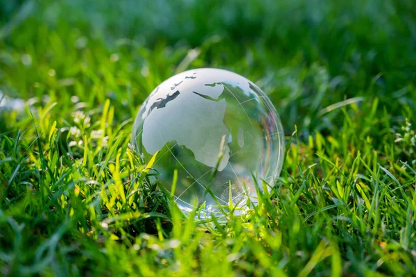 在绿色草坪上的水晶球的特写 — 图库照片