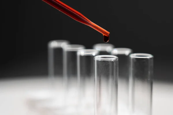 Laboratuvar Asistanının Pipetten Kan Damlatarak Test Tüpüne Kan Damlattığı Yakın — Stok fotoğraf