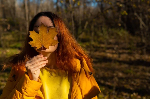 Kızıl saçlı beyaz kadın düşmüş bir akçaağaç yaprağını tutuyor. Sonbahar Yürüyüşü