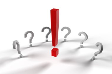 Bir sürü soru işaretinin önünde kırmızı ünlem işareti