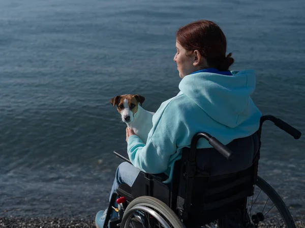 Vit Kvinna Rullstol Med Hund Vid Havet — Stockfoto