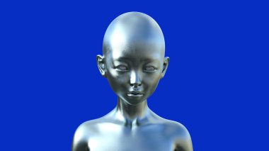 Mavi arka planda gümüş rengi kel uzaylı insansı