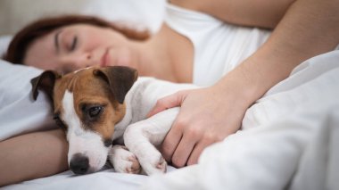 Kafkasyalı kadın yatağında uyuyor sevgili köpeğine sarılıyor.