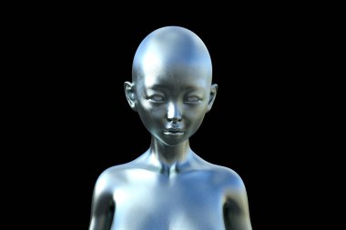 Siyah arka planda gümüş rengi kel uzaylı insansı. 3d illüstrasyon.