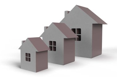 3 boyutlu illüstrasyon. Beyaz arka planda farklı boyutlarda üç gri ev.