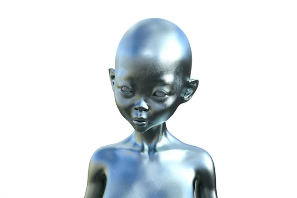 Ασημένιο Καραφλό Εξωγήινο Ανθρωποειδές Λευκό Φόντο — Φωτογραφία Αρχείου