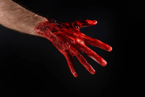 Close Van Een Mannelijke Hand Gekleurd Met Bloed Een Zwarte — Stockfoto