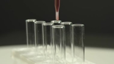 Laboratuvar asistanının, pipetten kan damlatarak test tüpüne kan damlattığı yakın plan.