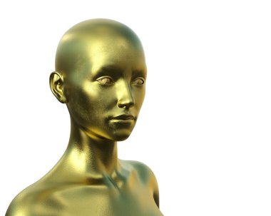 Beyaz arka planda altın rengi kel bir kadının 3 boyutlu portresi.