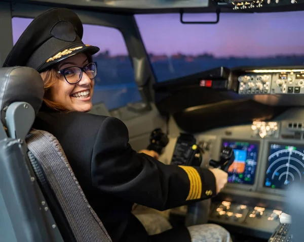 Female Pilot Board Aircraft Caucasian Woman Flight Simulator — Stock Photo, Image