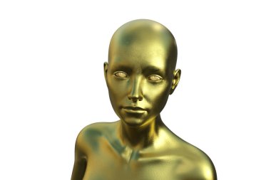 Beyaz arka planda altın rengi kel bir kadının 3 boyutlu portresi.