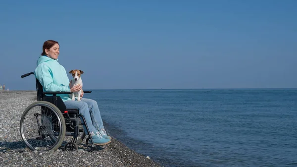 Blanke Vrouw Een Rolstoel Met Een Hond Aan Zee — Stockfoto