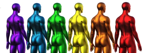 Rendu Rangée Hommes Nus Multicolores Debout Avec Dos Sur Fond — Photo