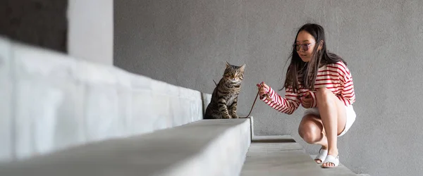 Kobieta Spacerująca Kotem Smyczy Lecie — Zdjęcie stockowe