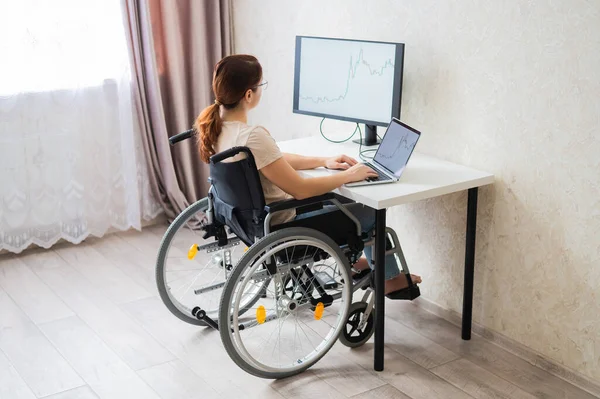 Caucasian woman on wheelchair working on laptop