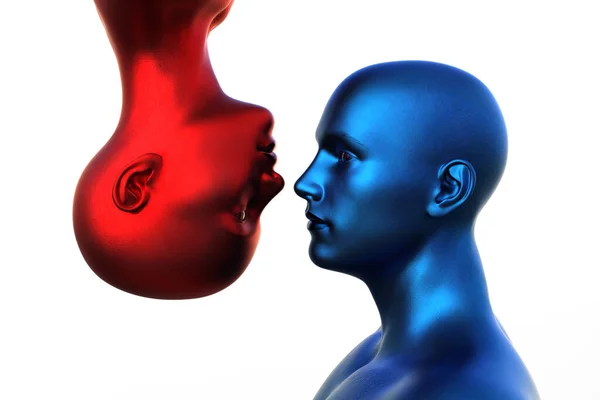 3d render. Portrait of a blue bald man and a red bald woman upside down on a white background