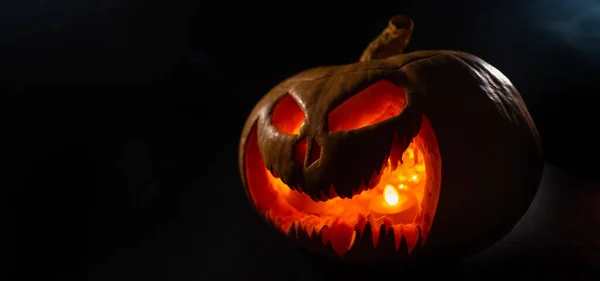 Creepy Pumpkin Carved Grimace Glows Jack Lantern Dark — Stock Photo, Image